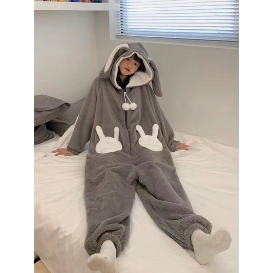 2024 New Winter Cute Rabbit One-piece Pajamas Women&#039;s Winter Coral Fleece Thickened Plus Velvet Can Be Worn Outside The Nightgown